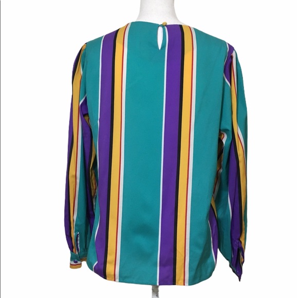 Vintage 90's Turquoise Rainbow Stripe Blouse - Picture 5 of 12